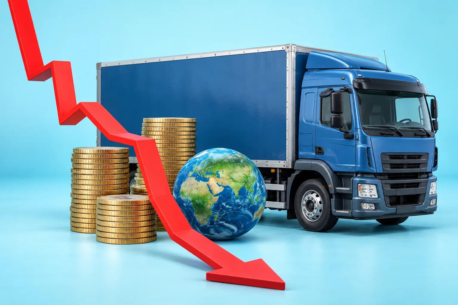 Truck with coin stacks, a globe and a falling arrow showing lower freight costs and emissions through consolidation Truck with coin stacks, a globe and a falling arrow showing lower freight costs and emissions through consolidation